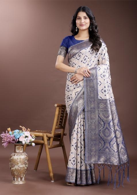Navy Blue Zari Work Cotton Blend Saree Set