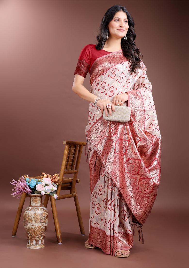 Red Zari Work Cotton Blend Saree Set