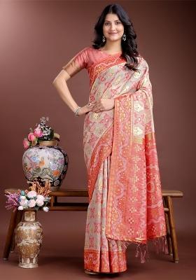 Peach Zari Work Cotton Blend Saree Set
