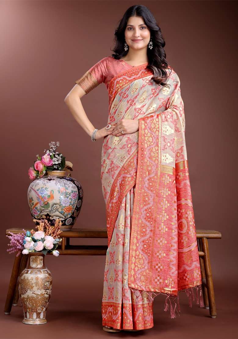 Peach Zari Work Cotton Blend Saree Set - Indya
