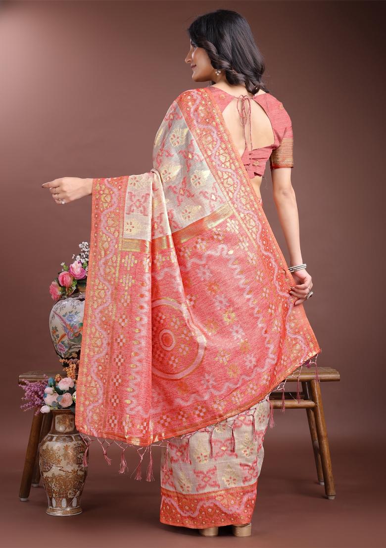 Peach Zari Work Cotton Blend Saree Set
