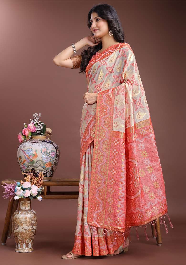 Peach Zari Work Cotton Blend Saree Set - Indya