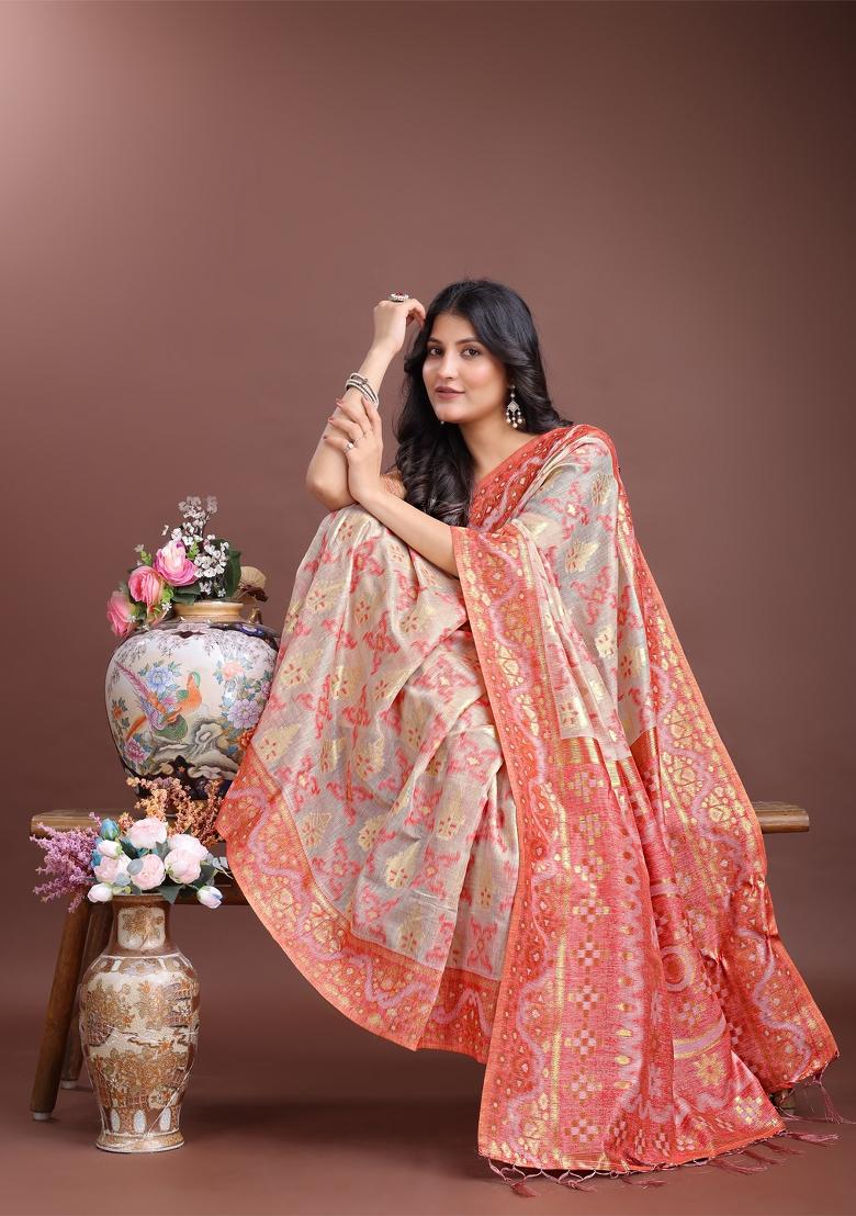 Peach Zari Work Cotton Blend Saree Set
