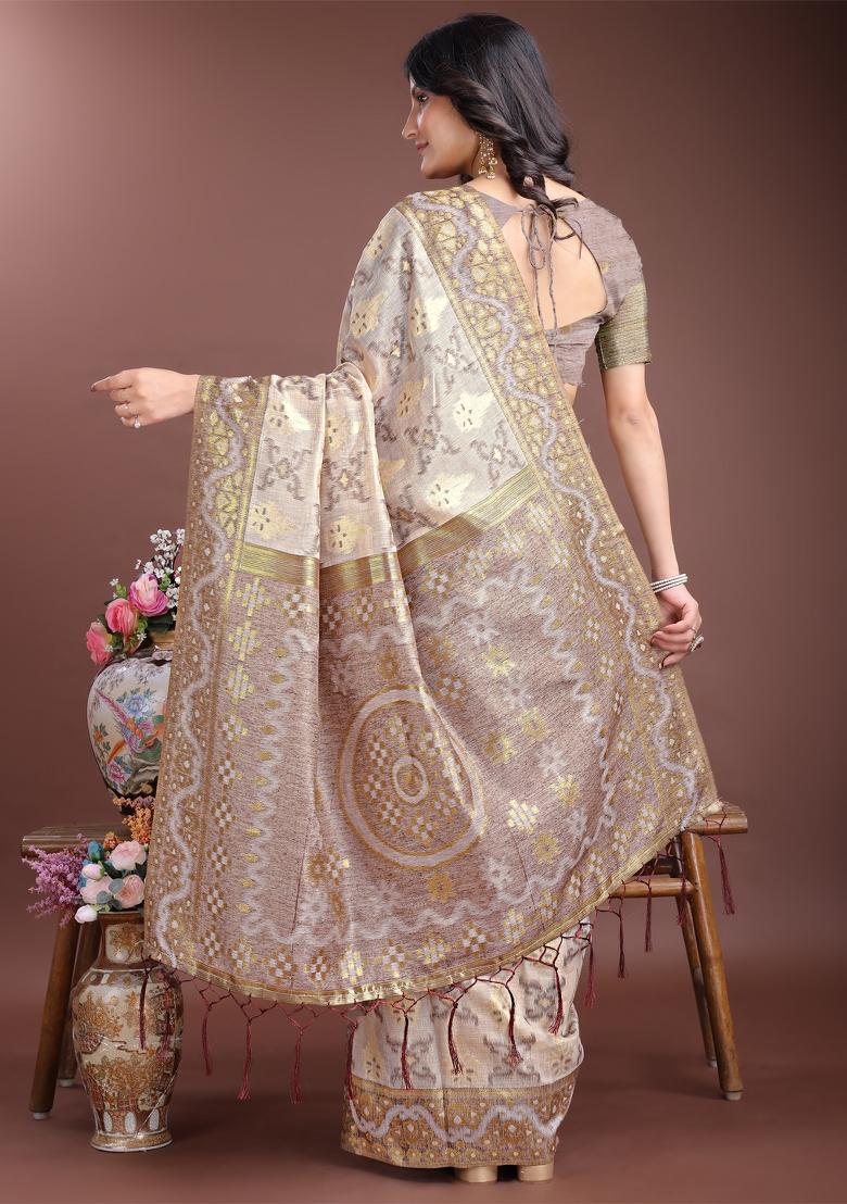 Brown Zari Work Cotton Blend Saree Set