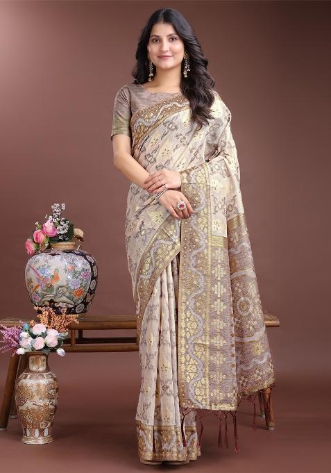 Brown Zari Work Cotton Blend Saree Set