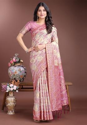 Pink Zari Work Cotton Blend Saree Set