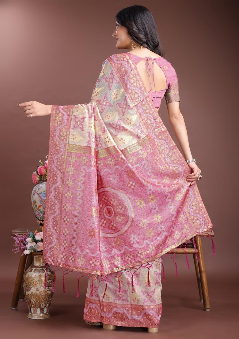 Pink Zari Work Cotton Blend Saree Set