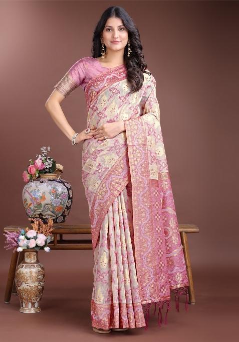 Pink Zari Work Cotton Blend Saree Set