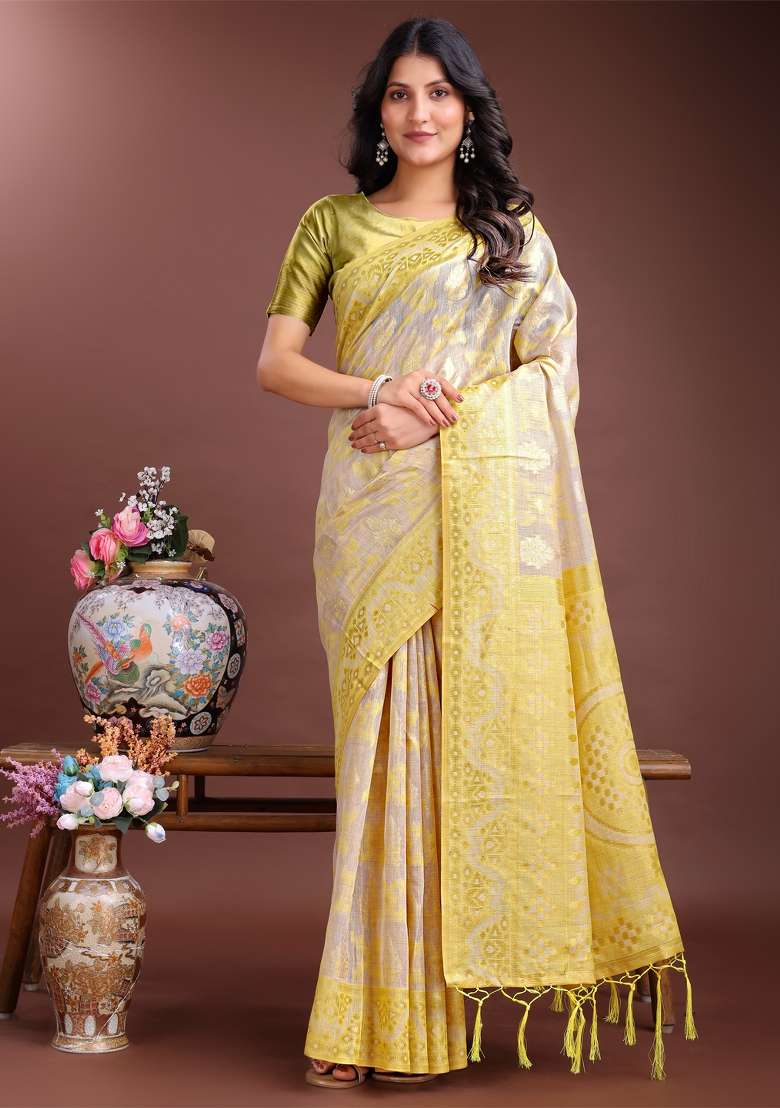 Yellow Zari Work Cotton Blend Saree Set - Indya