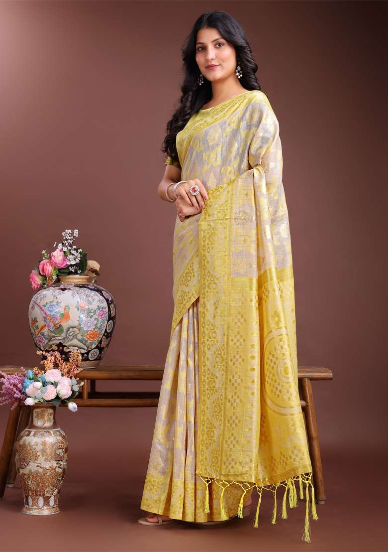 Yellow Zari Work Cotton Blend Saree Set - Indya