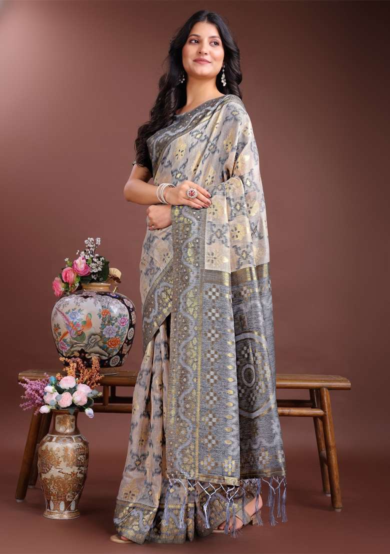 Grey Zari Work Cotton Blend Saree Set - Indya