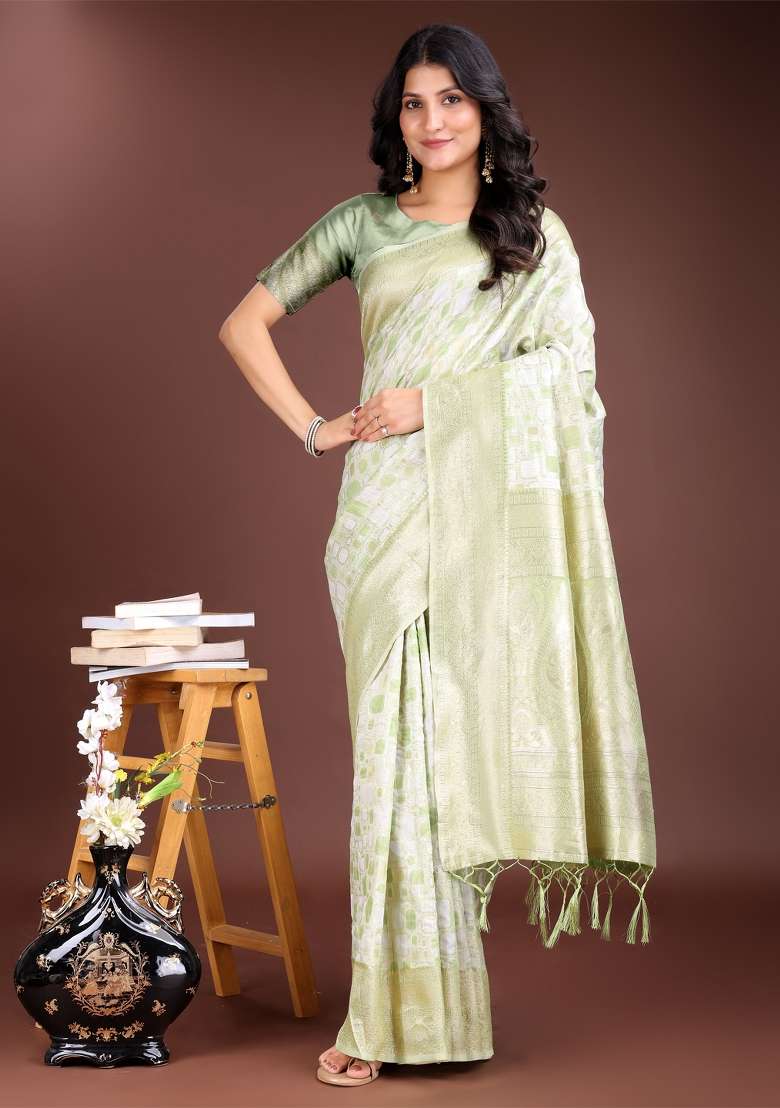 Light Green Zari Work Cotton Blend Saree Set - Indya