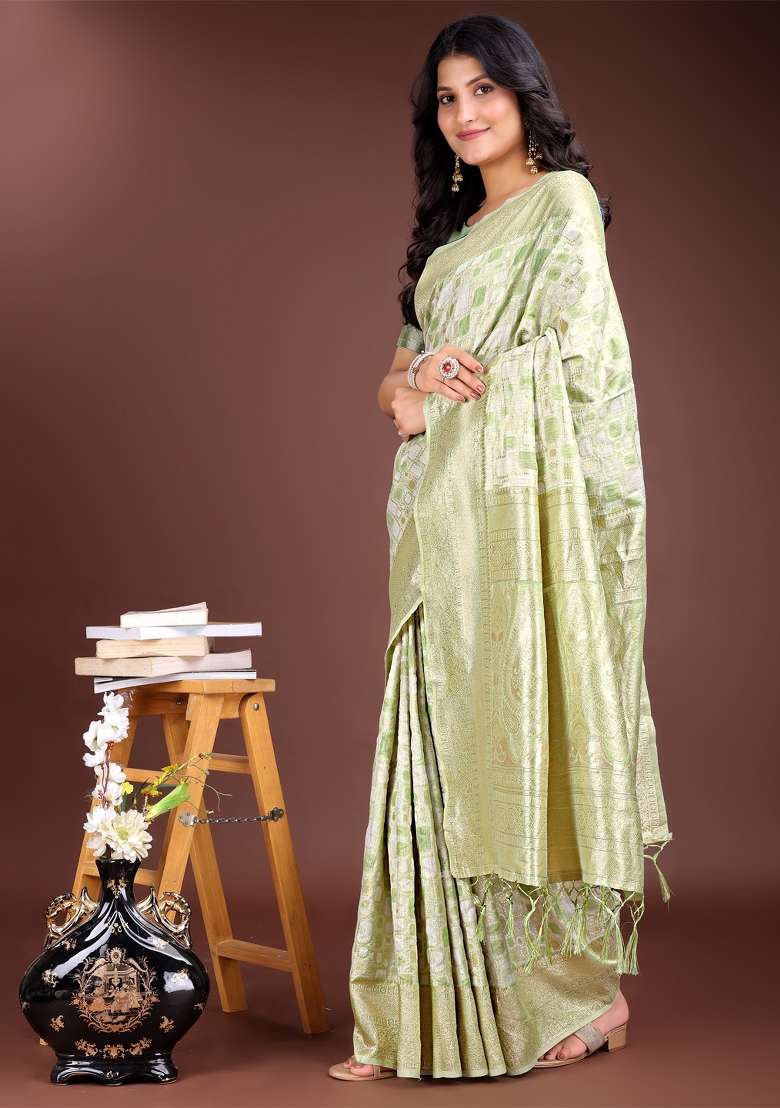 Light Green Zari Work Cotton Blend Saree Set - Indya