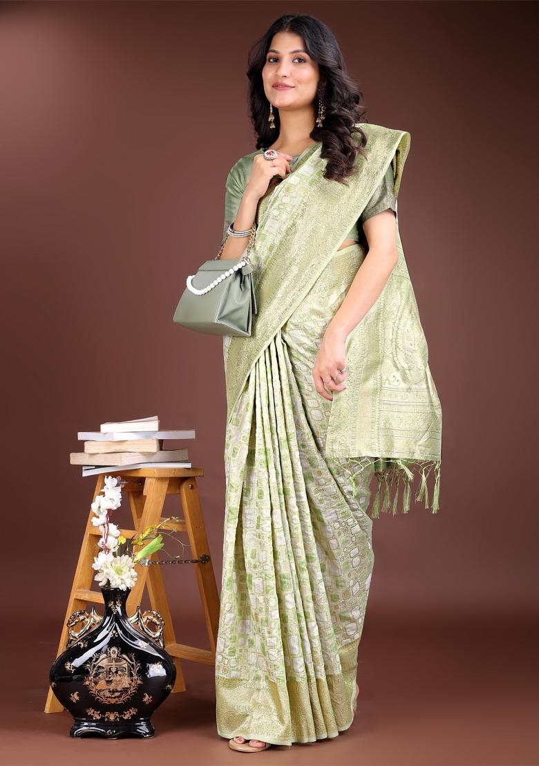 Light Green Zari Work Cotton Blend Saree Set