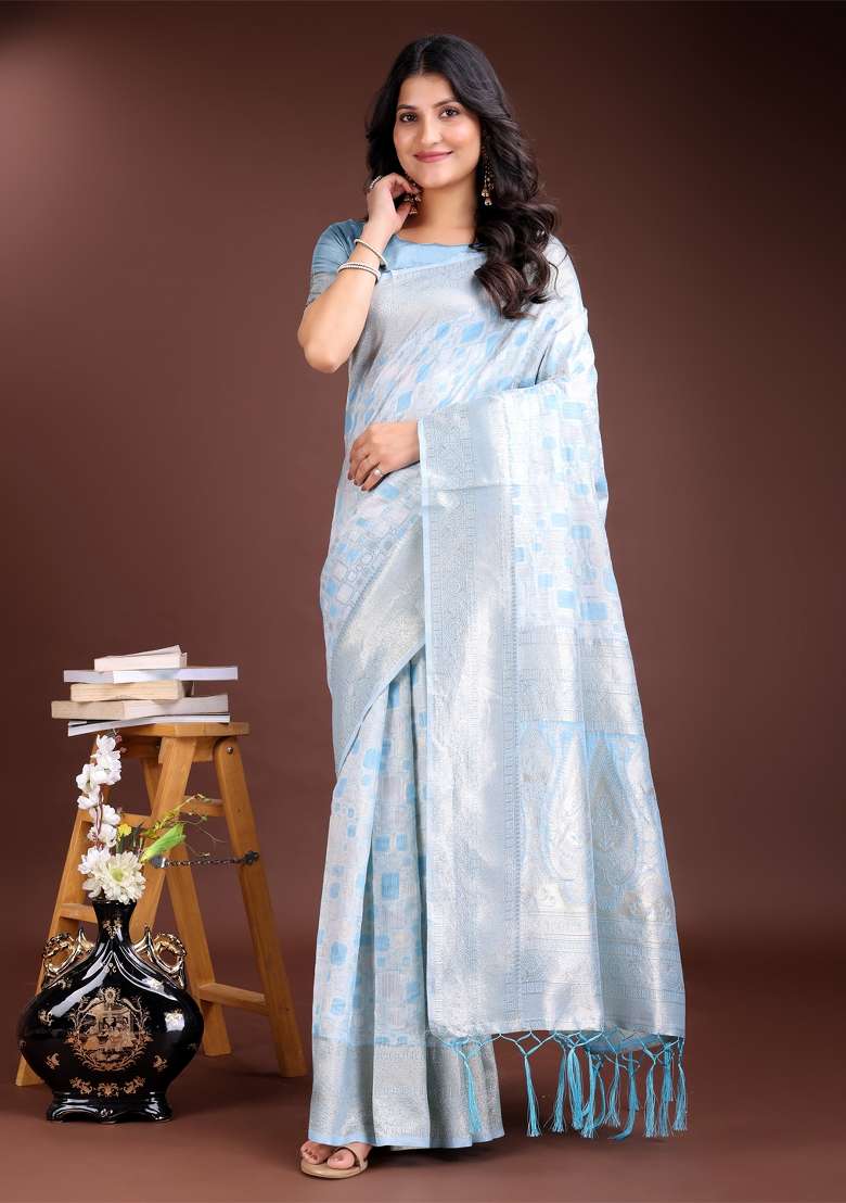 Sky Blue Zari Work Cotton Blend Saree Set - Indya