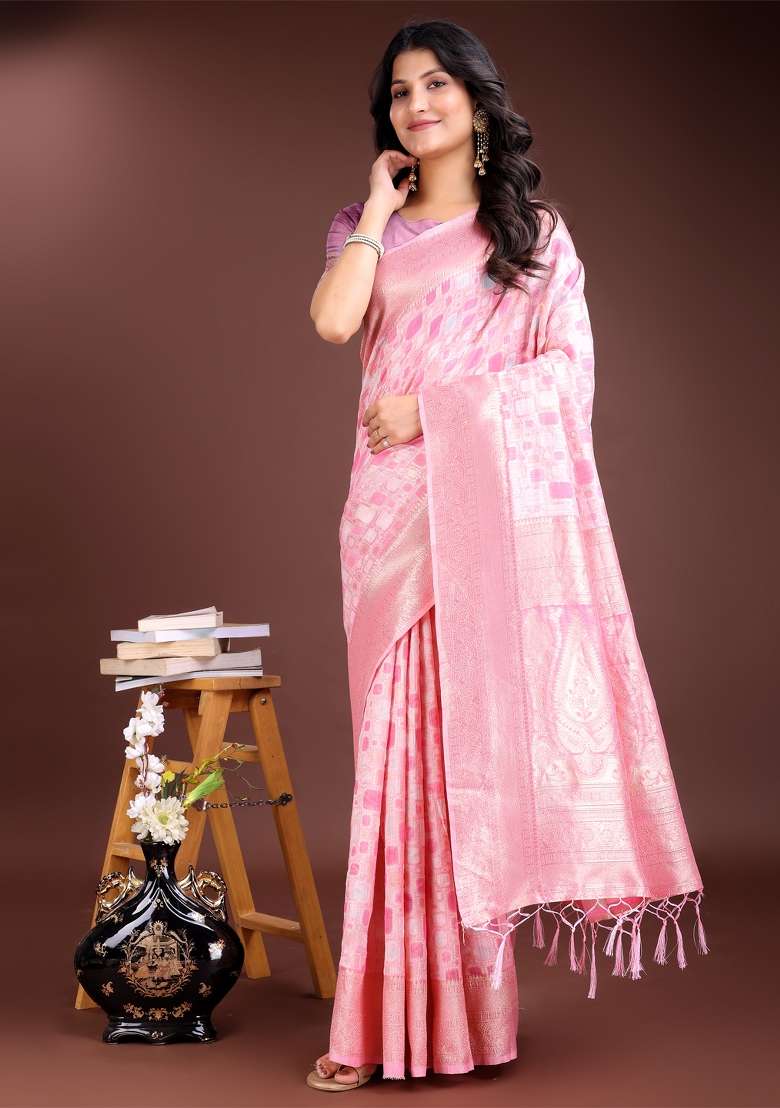 Pink Zari Work Cotton Blend Saree Set - Indya