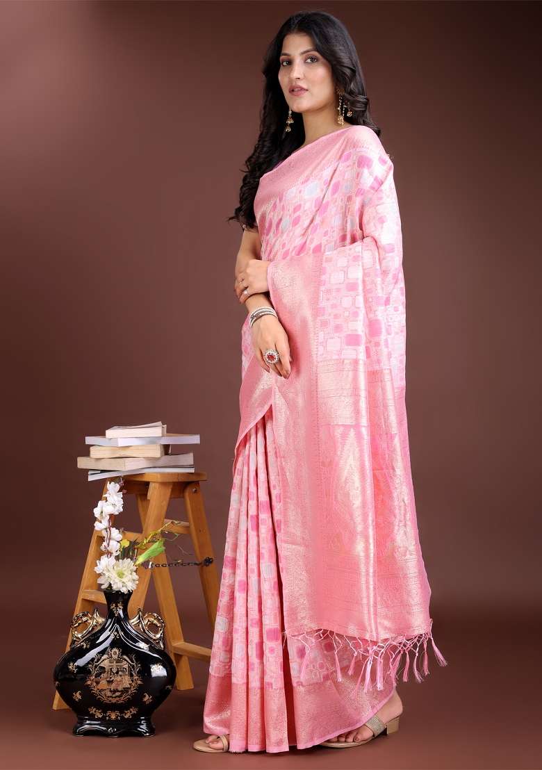 Pink Zari Work Cotton Blend Saree Set - Indya