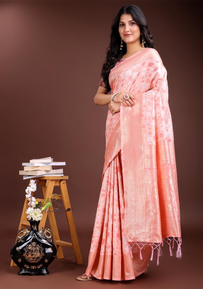Peach Zari Work Cotton Blend Saree Set