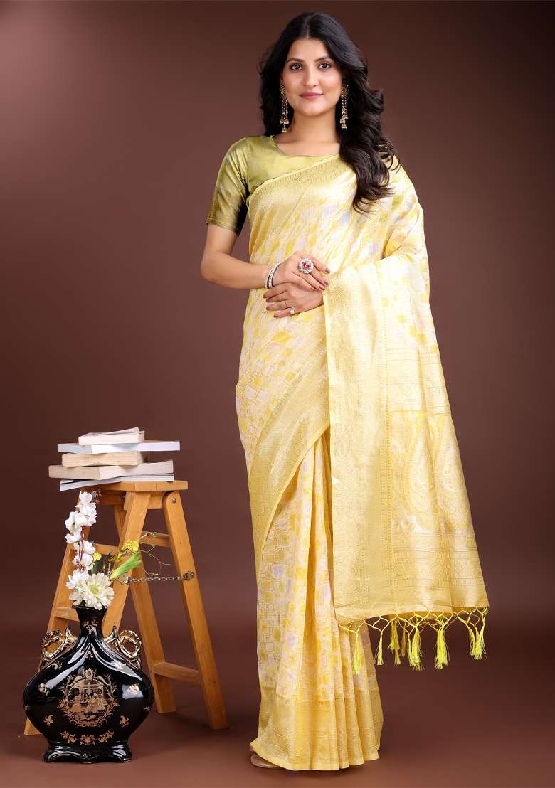 Yellow Zari Work Cotton Blend Saree Set - Indya