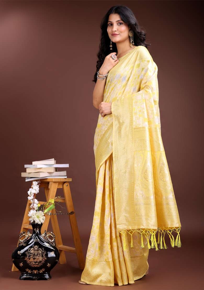 Yellow Zari Work Cotton Blend Saree Set - Indya