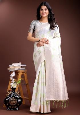 White And Light Green Zari Work Cotton Blend Saree Set