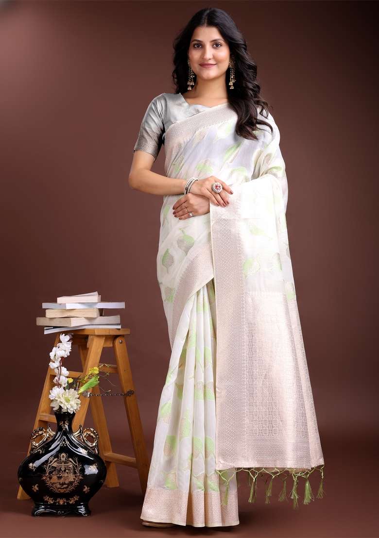 White And Light Green Zari Work Cotton Blend Saree Set - Indya