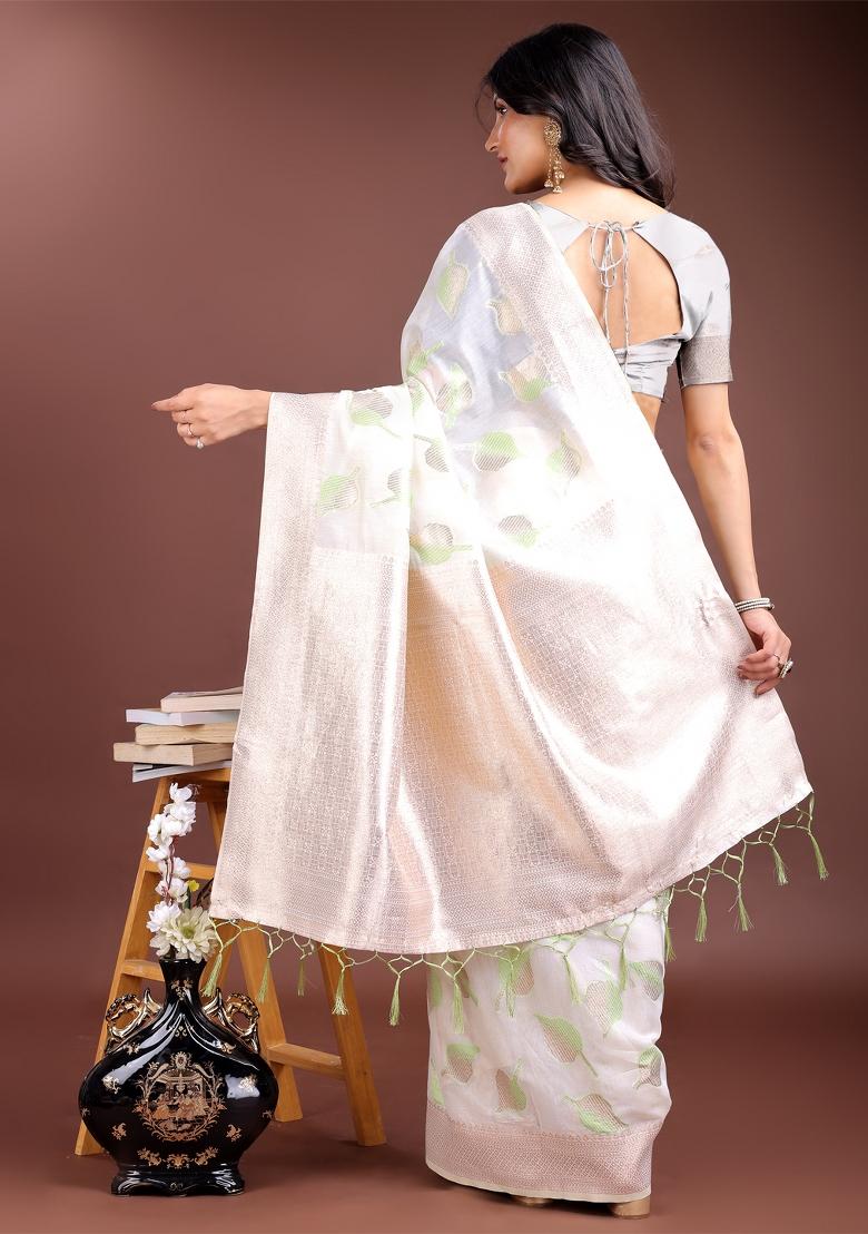 White And Light Green Zari Work Cotton Blend Saree Set
