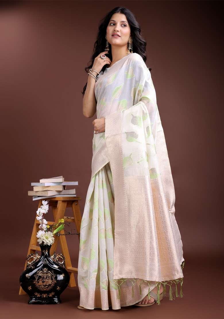 White And Light Green Zari Work Cotton Blend Saree Set - Indya