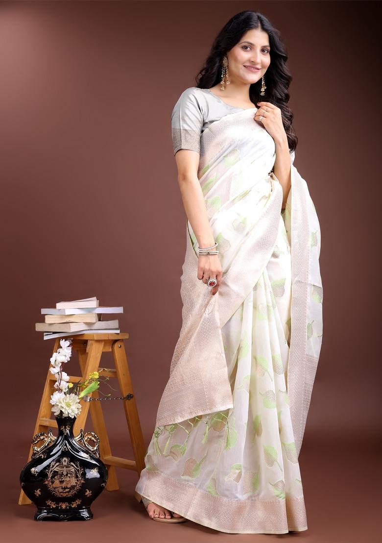 White And Light Green Zari Work Cotton Blend Saree Set