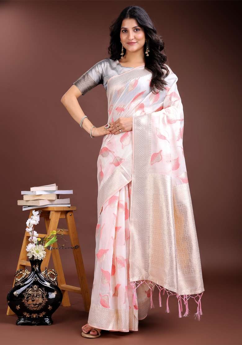 White And Pink Zari Work Cotton Blend Saree Set - Indya