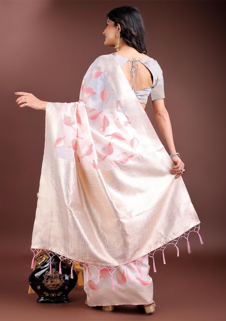 White And Pink Zari Work Cotton Blend Saree Set
