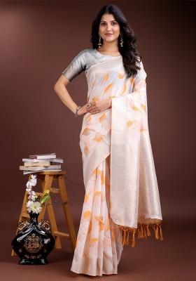 White And Orange Zari Work Cotton Blend Saree Set