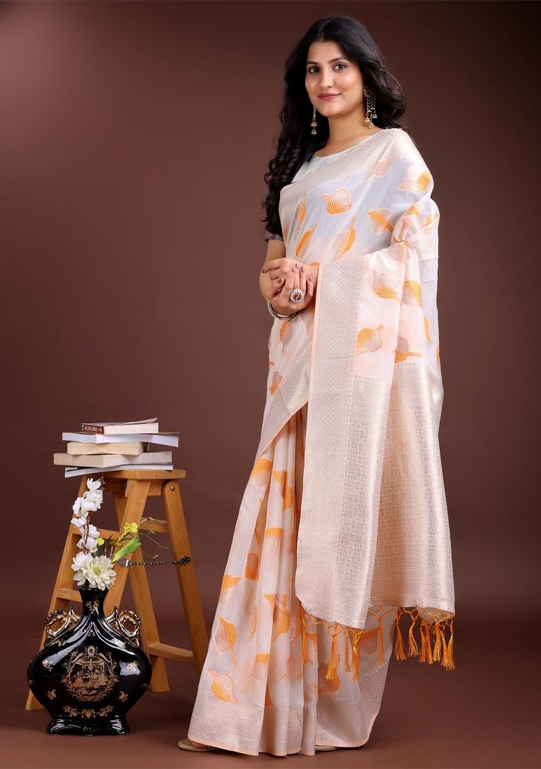 White And Orange Zari Work Cotton Blend Saree Set