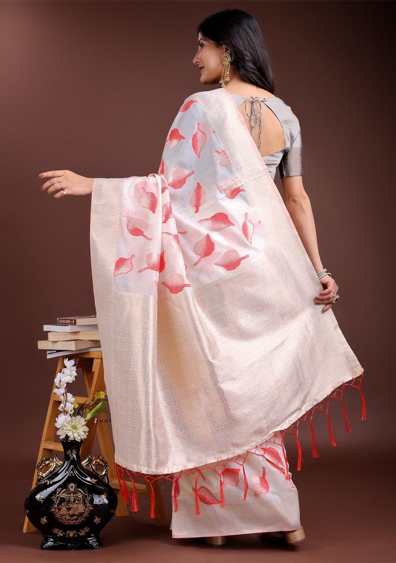 White And Red Zari Work Cotton Blend Saree Set
