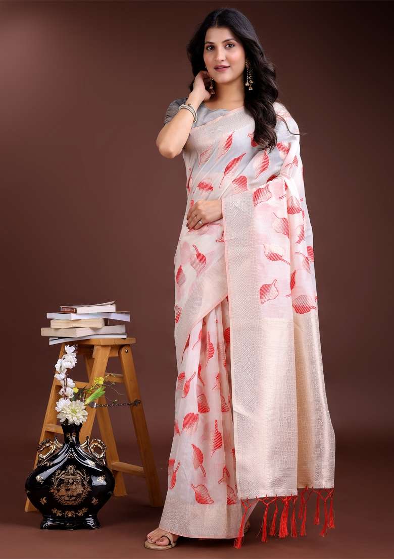 White And Red Zari Work Cotton Blend Saree Set - Indya