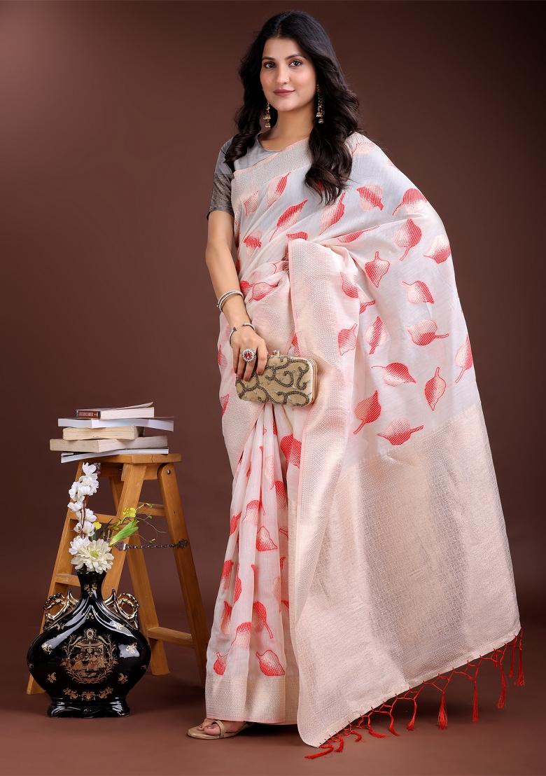 White And Red Zari Work Cotton Blend Saree Set