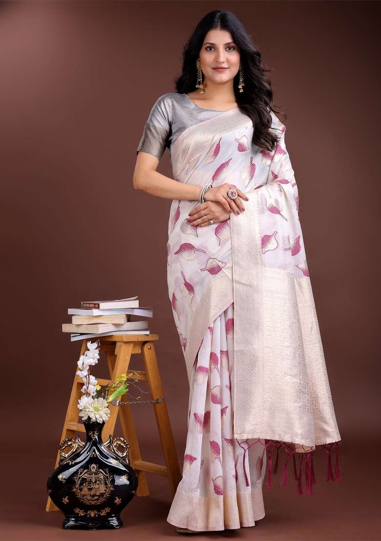 White And Purple Zari Work Cotton Blend Saree Set - Indya
