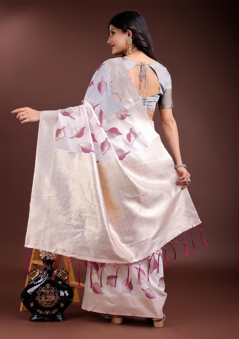 White And Purple Zari Work Cotton Blend Saree Set