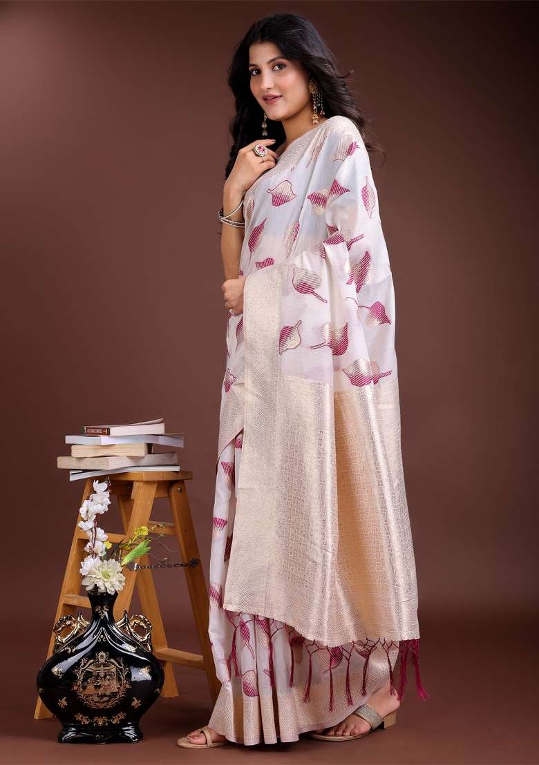 White And Purple Zari Work Cotton Blend Saree Set - Indya