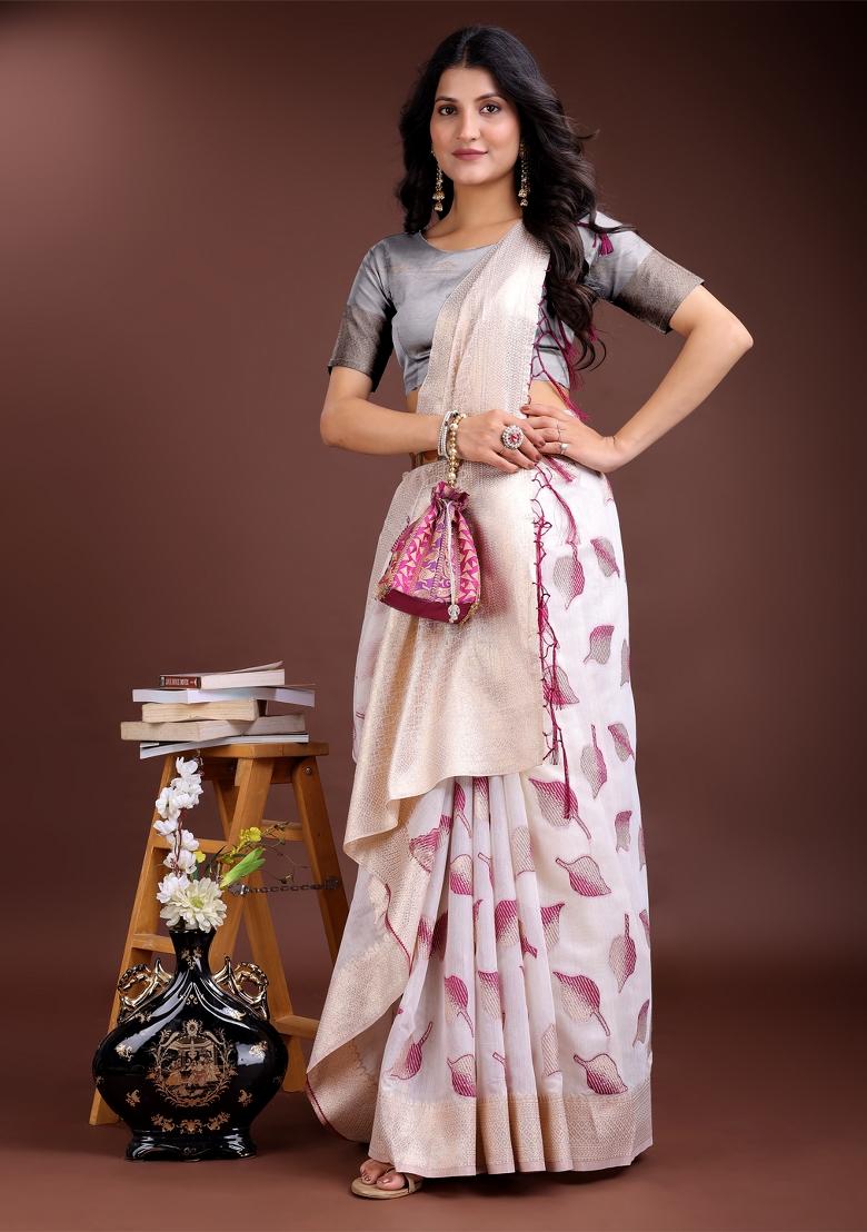 White And Purple Zari Work Cotton Blend Saree Set