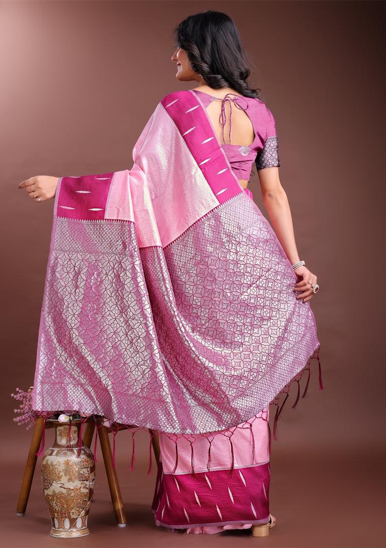 Pink Zari Work Silk Saree Set