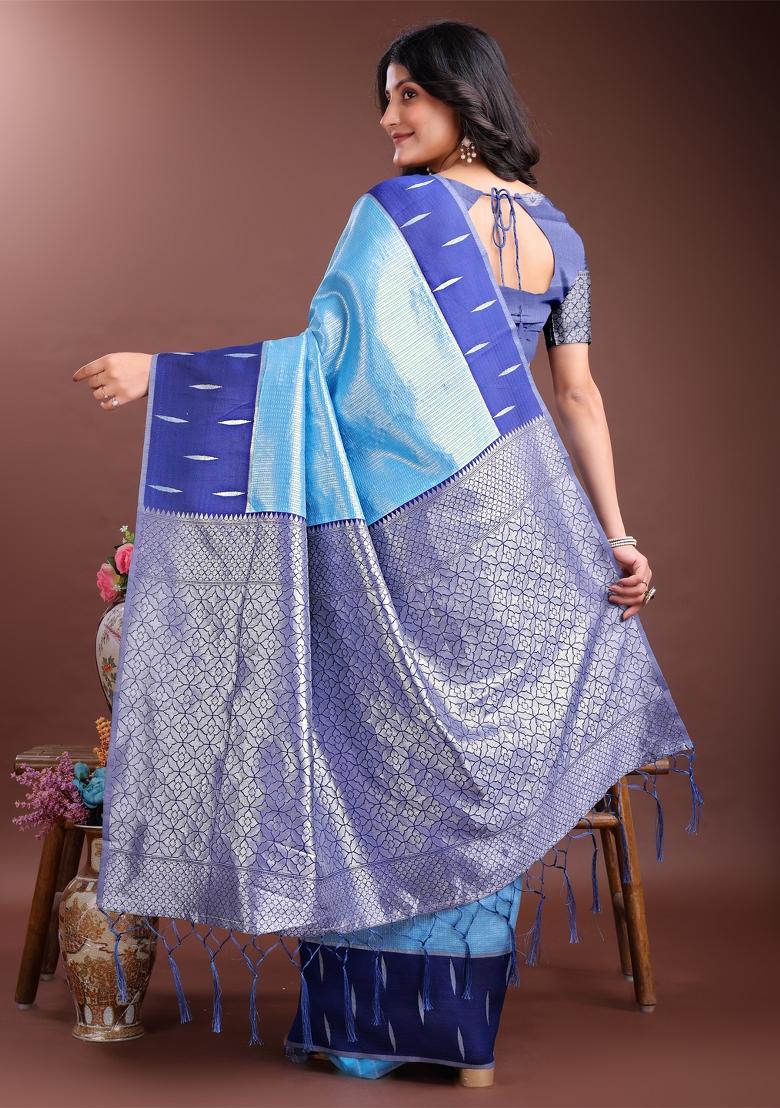 Sky Blue Zari Work Silk Saree Set