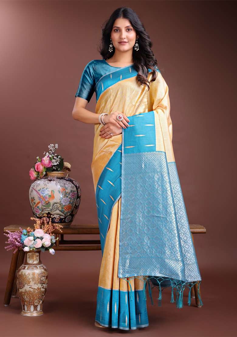 Yellow Zari Work Silk Saree Set - Indya