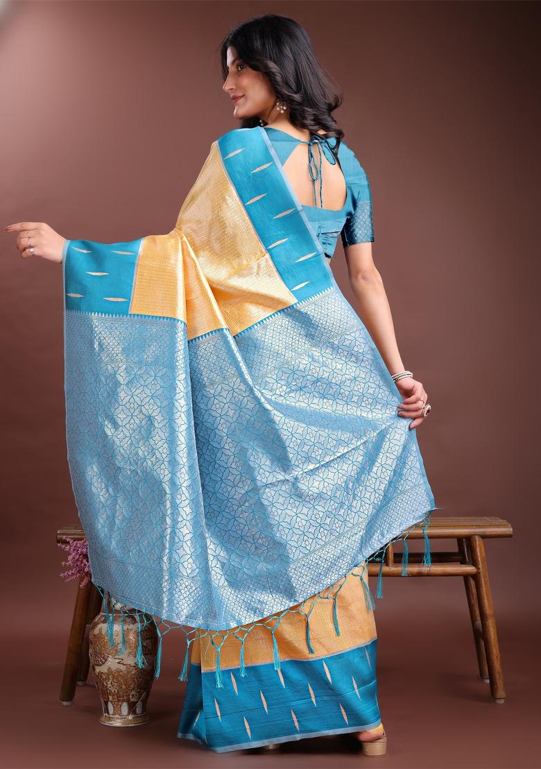 Yellow Zari Work Silk Saree Set