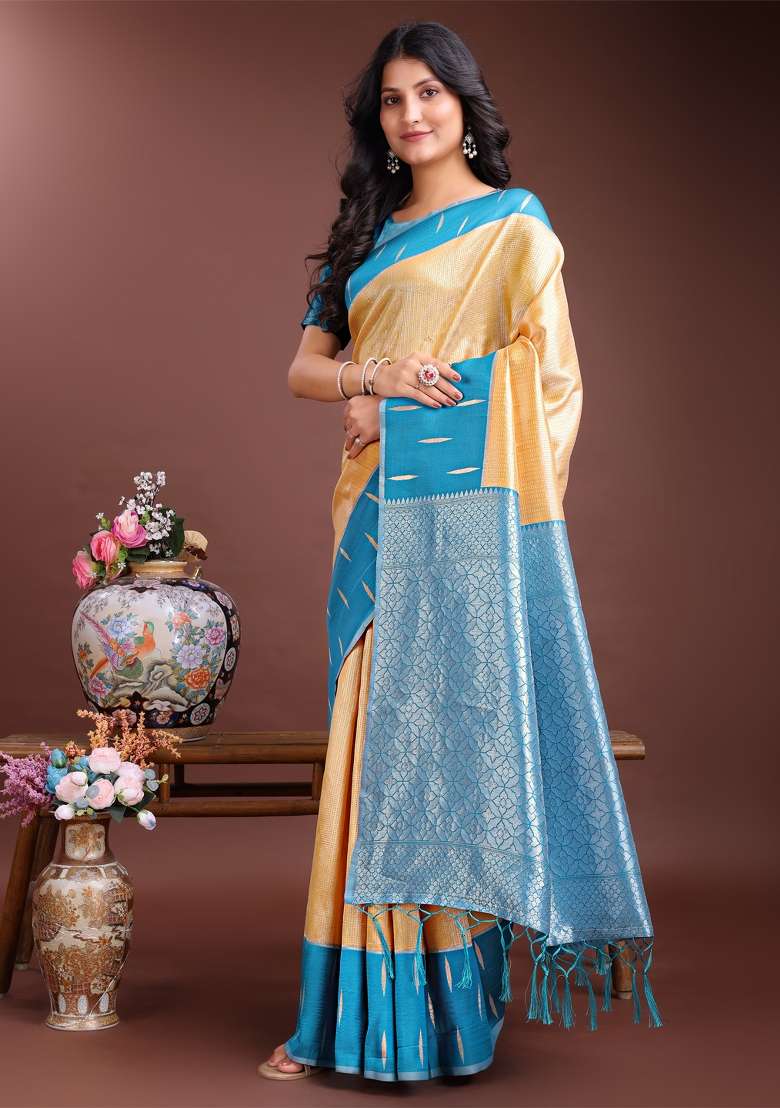 Yellow Zari Work Silk Saree Set - Indya