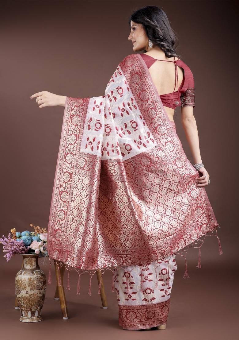 Maroon Zari Work Cotton Blend Saree Set