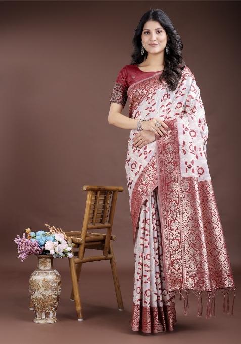 Maroon Zari Work Cotton Blend Saree Set