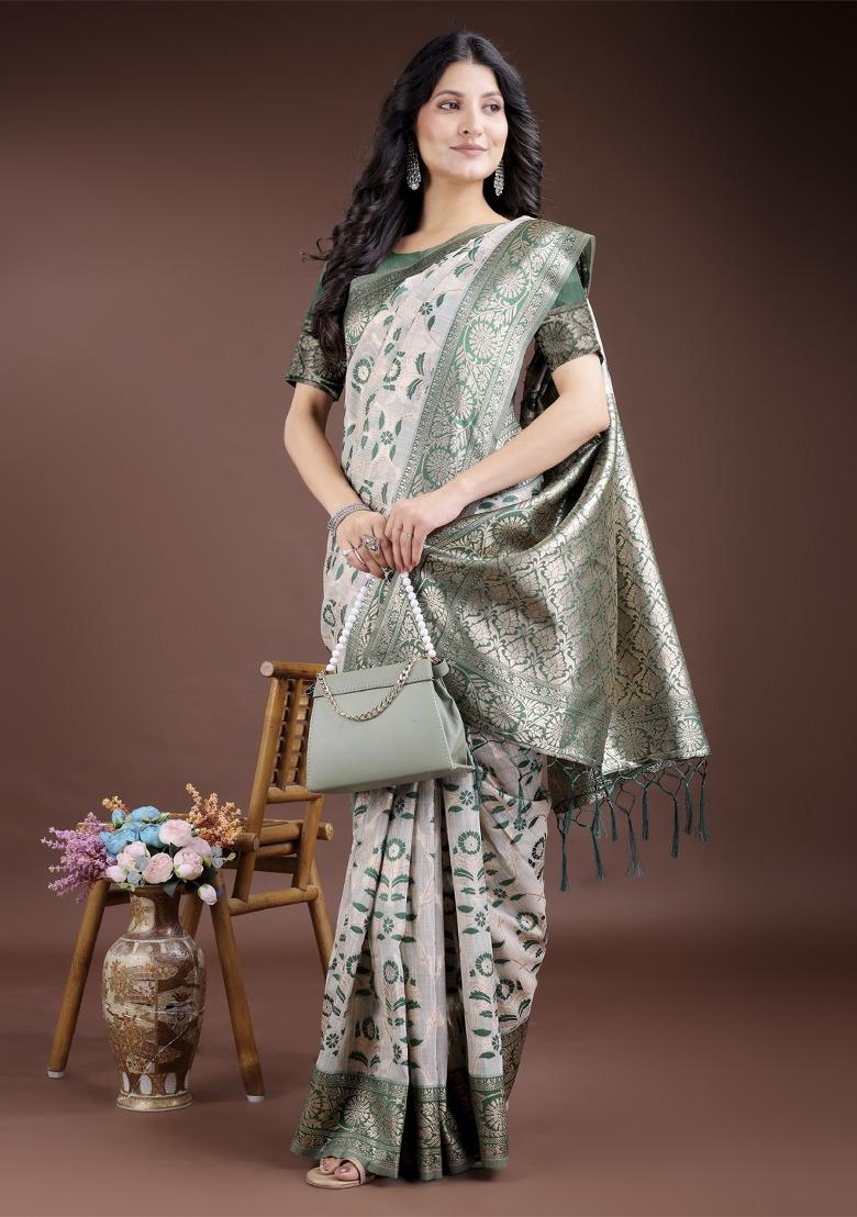 Green Zari Work Cotton Blend Saree Set