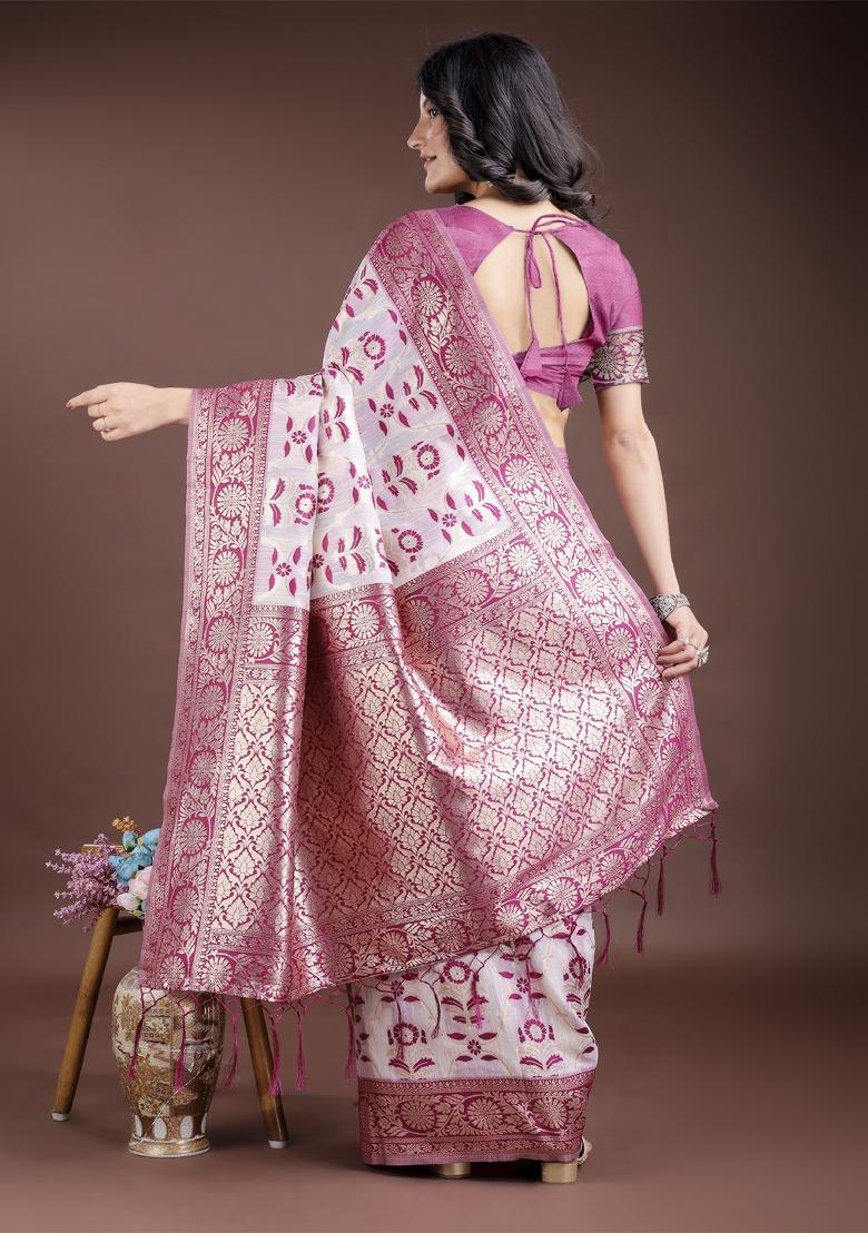 Purple Zari Work Cotton Blend Saree Set
