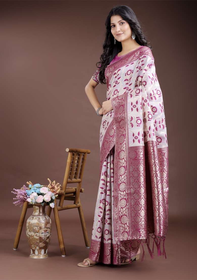 Purple Zari Work Cotton Blend Saree Set - Indya